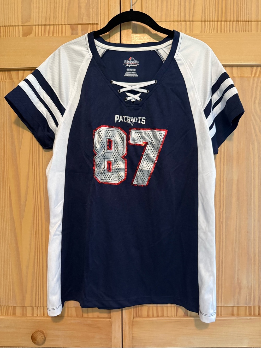 Majestic Navy and White Lace-Up Patriots Jersey Shirt